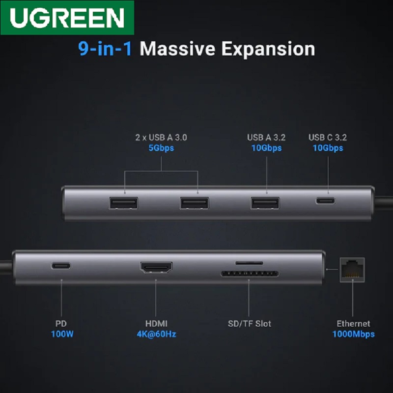 Bộ chuyển đổi USB-C sang 2*USB A3.0 + 1USBA+ 1USB- C+HDMI+RJ45 Gigabit+SD/TF+PD 4K@60Hz với PD